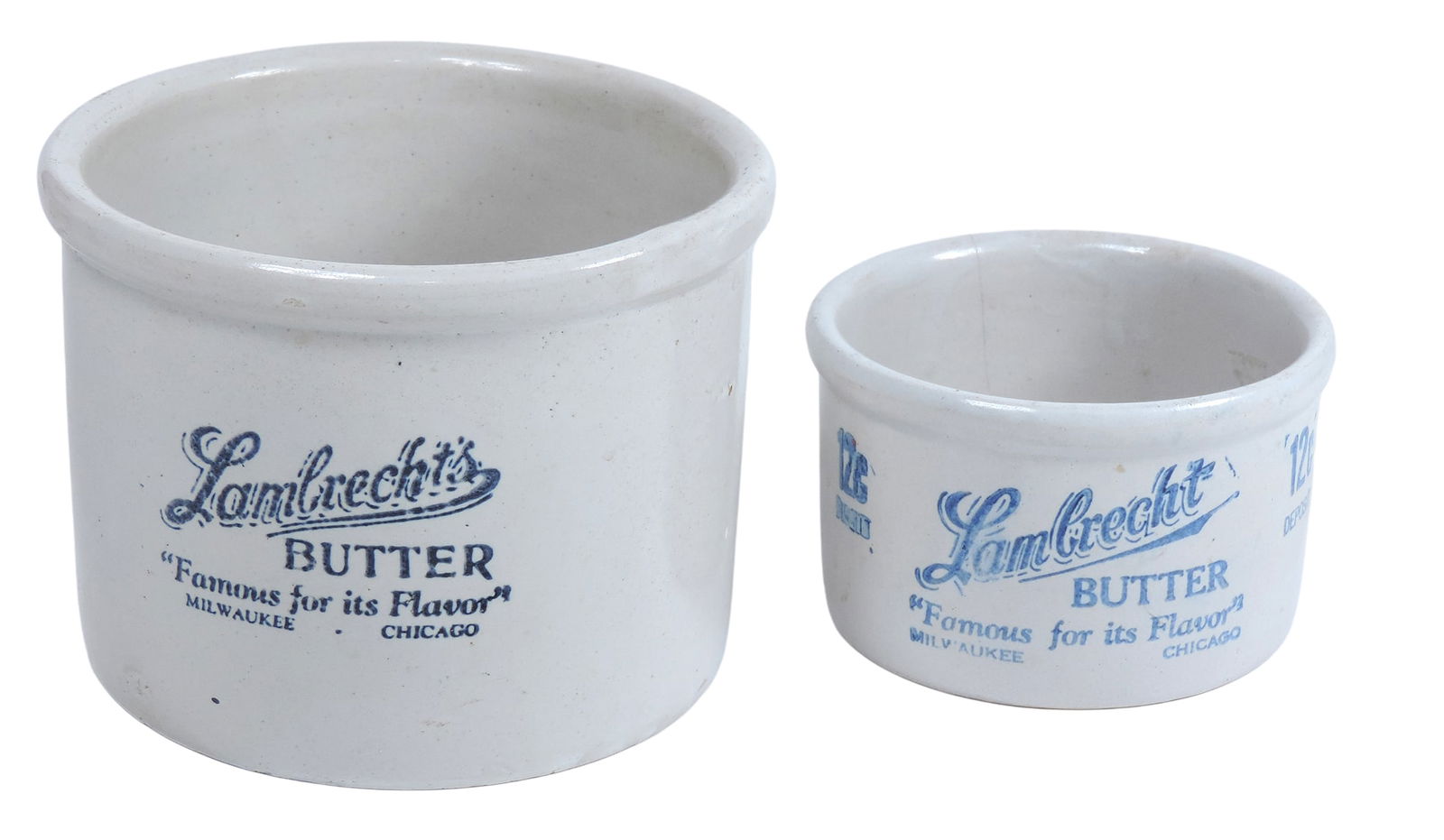Advertising Butter Crocks (2), stamped Lambrecht Butter "Famous for its Flavor" Milwaukee Chi...: Advertising Butter Crocks (2), stamped Lambrecht Butter "Famous for its Flavor" Milwaukee Chicago, 12¢, For Better Living-Lambrecht Quality-Lambrecht Service Fine Good Since 1909, embossed C-118
