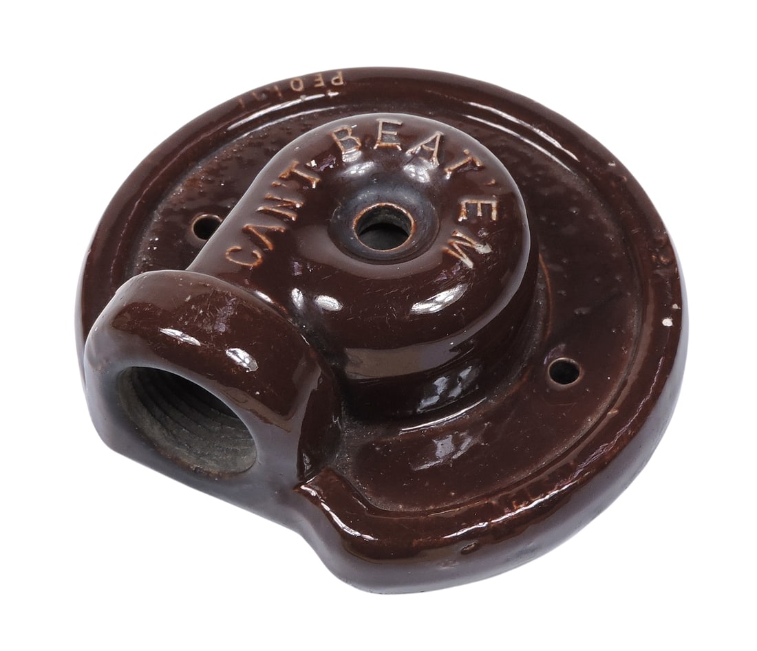 Advertising Stoneware Sprinkler Attachment, embossed Can't Beat Em-Peoria Ill, L.B. Nelson Mfg ...: Advertising Stoneware Sprinkler Attachment, embossed Can't Beat Em-Peoria Ill, L.B. Nelson Mfg Co., orig hose connecting mechanism, c. early 1900s, Exc cond w/very tiny glaze fleck, D 4.5 in. 