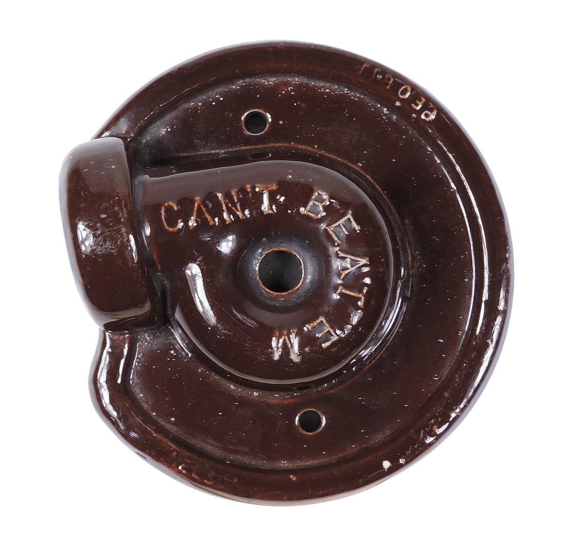 Advertising Stoneware Sprinkler Attachment, embossed Can't Beat Em-Peoria Ill, L.B. Nelson Mfg ... - 2