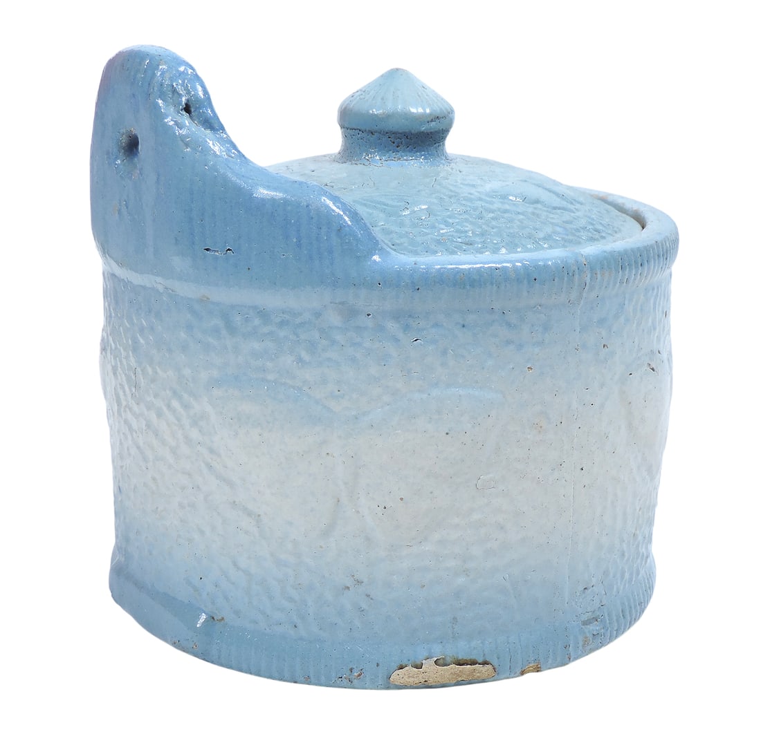 Blue & White Hanging Salt Box w/Lid, embossed orange peel surface w/raised butterflies, lid has s... - 2