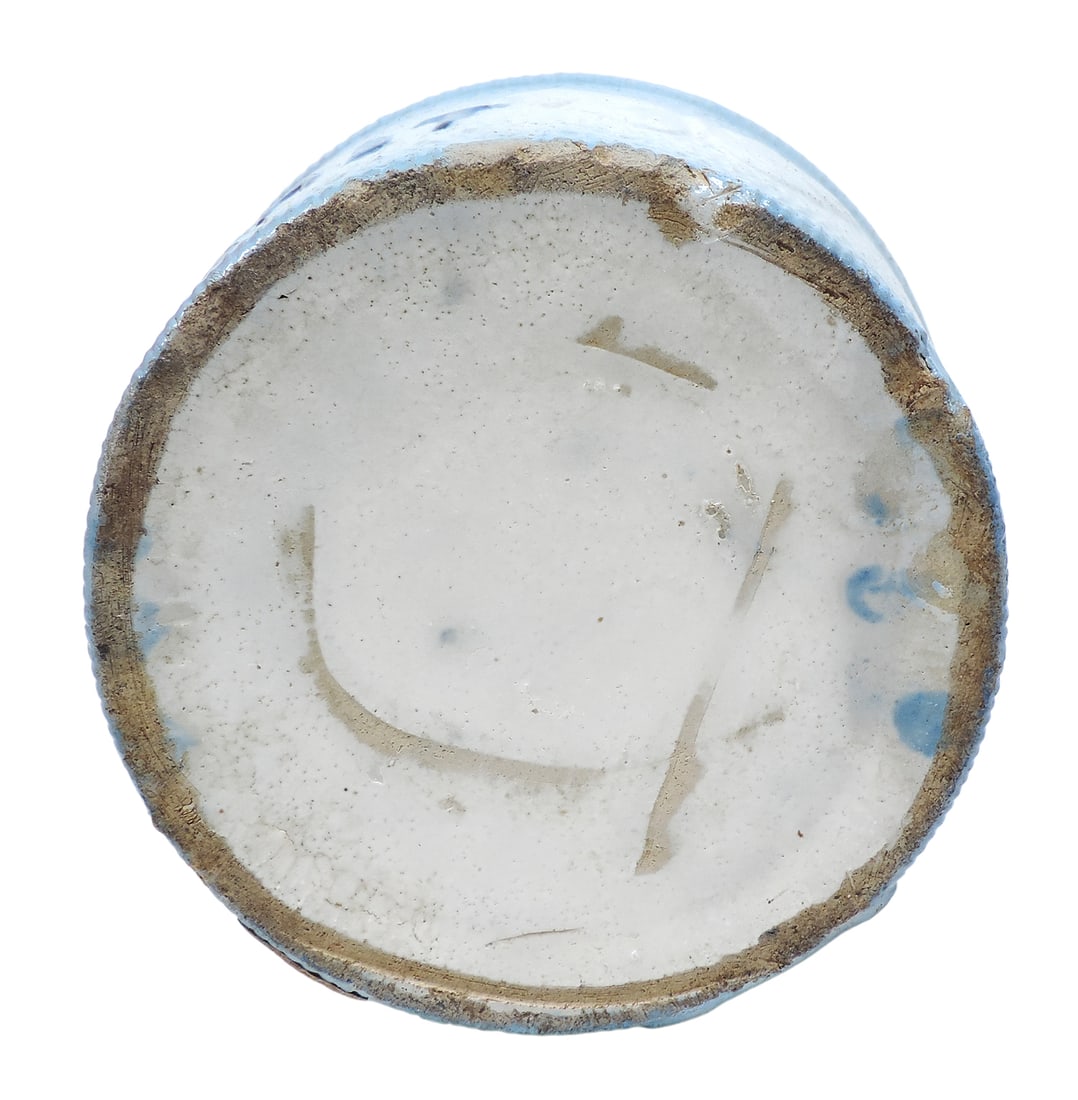 Blue & White Hanging Salt Box w/Lid, embossed orange peel surface w/raised butterflies, lid has s... - 5