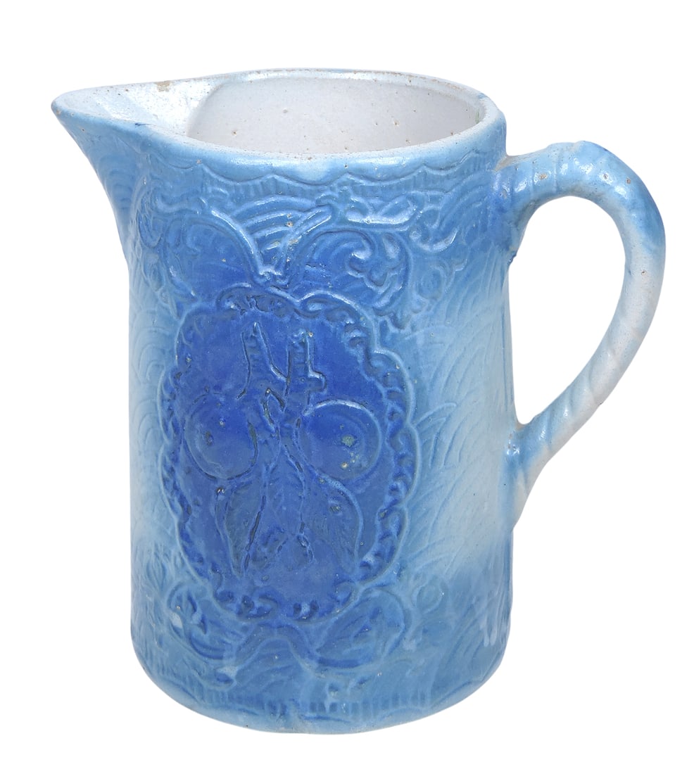 Blue and White Salt Glaze Stoneware Apricots Pitcher, attractive fully decorated surface w/fish s... (1 of 5)