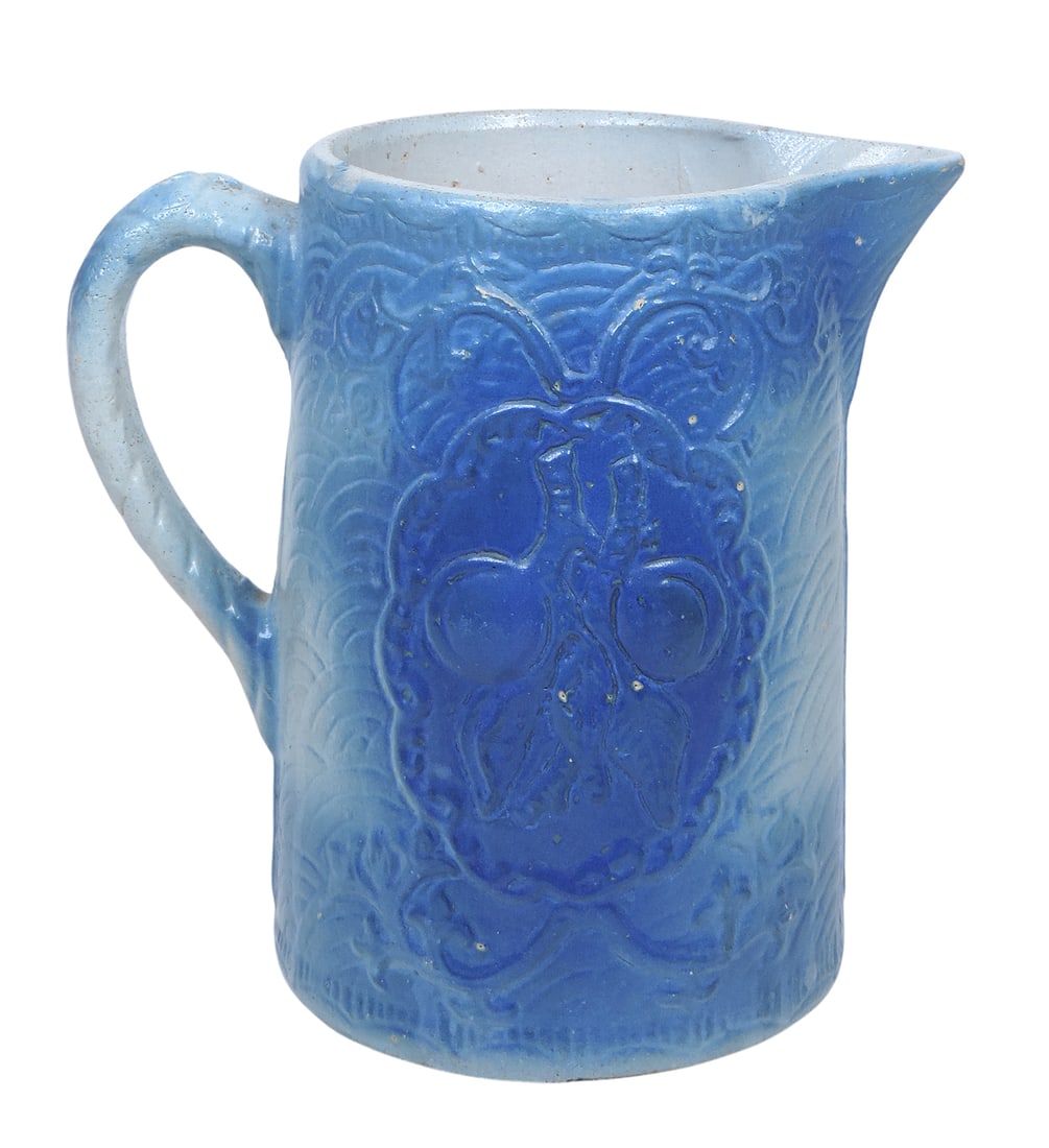 Blue and White Salt Glaze Stoneware Apricots Pitcher, attractive fully decorated surface w/fish s... - 2