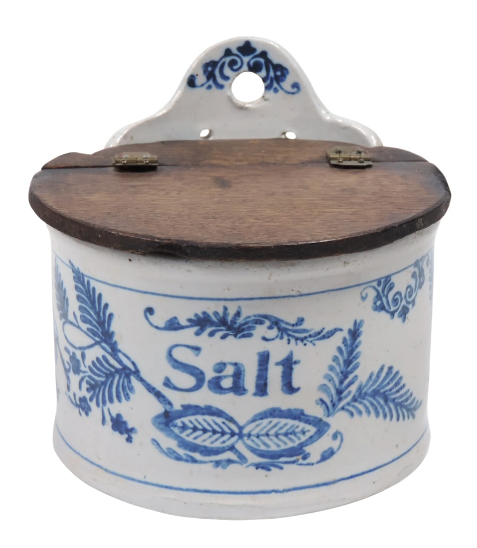 Hanging Stoneware Salt Crock w/wooden lid, cobalt blue floral design w/Salt on front, c. early 19...: Hanging Stoneware Salt Crock w/wooden lid, cobalt blue floral design w/Salt on front, c. early 1900s, lid not attached, o/wise Exc cond, H 5.75 x D 5.75 (base) in. 