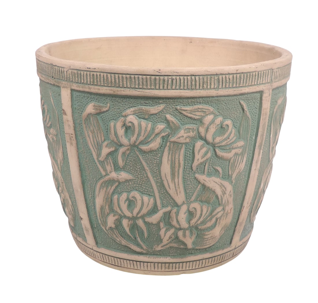Red Wing Brush Ware Flower Pot, distinctive relief decoration of leaves/flowers w/green brushed g... (1 of 4)