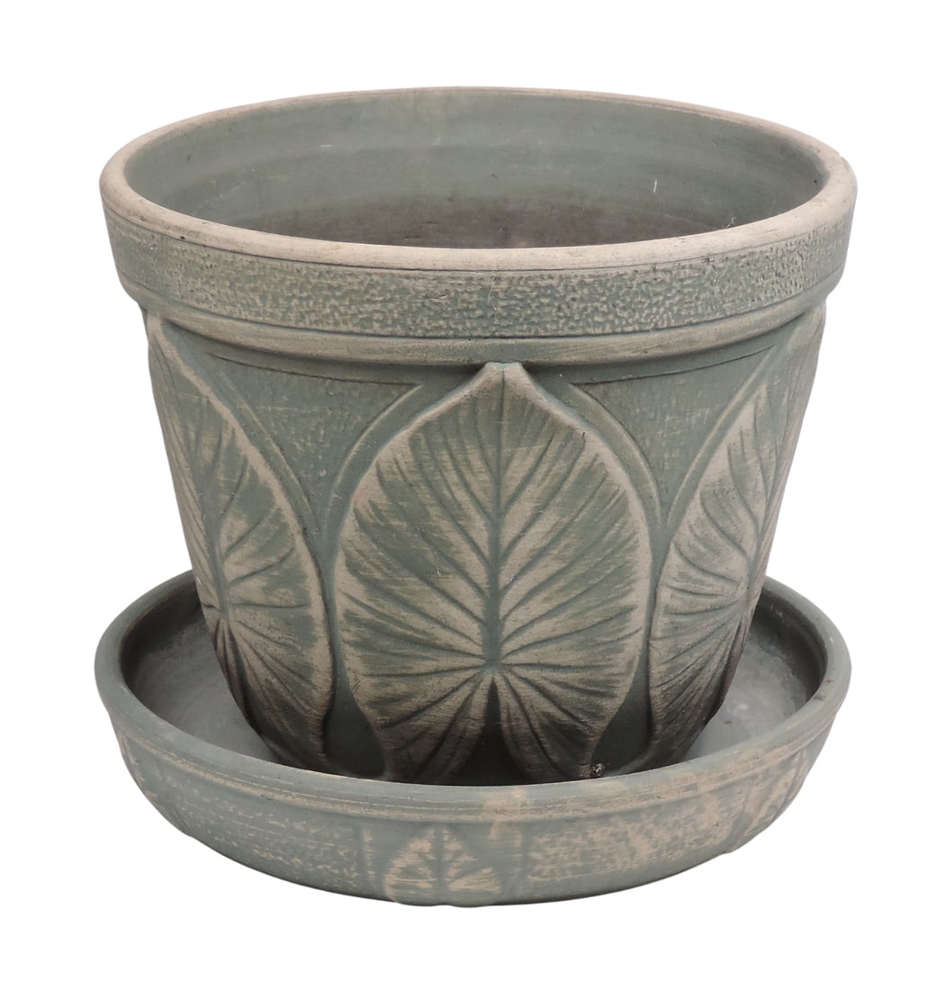 Red Wing Brush Ware Planter w/Saucer, distinctive relief decoration w/caladium leaf w/green brushed: Red Wing Brush Ware Planter w/Saucer, distinctive relief decoration w/caladium leaf w/green brushed glaze, minor water stains inside saucer, c.1920's, old 2" hairline crack on side of crock, o/wise