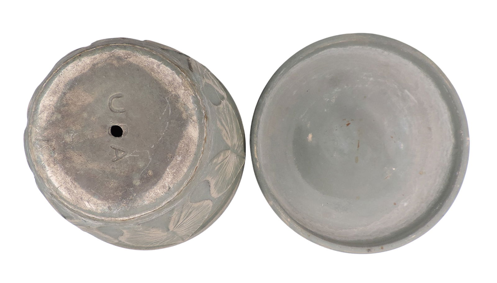 Red Wing Brush Ware Planter w/Saucer, distinctive relief decoration w/caladium leaf w/green brushed - 2