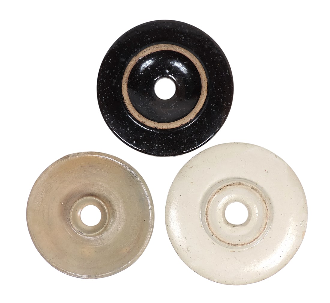 Stoneware Churn Lids (3), Albany Slip 8 in. Dia, cream 7.25 in. Dia, glaze blotches on bottom/ha... (1 of 2)