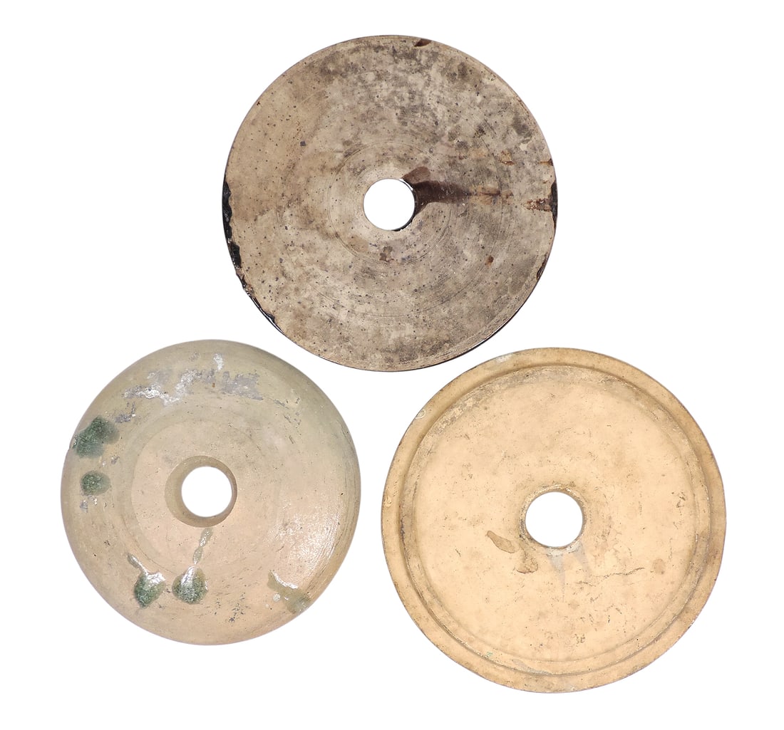 Stoneware Churn Lids (3), Albany Slip 8 in. Dia, cream 7.25 in. Dia, glaze blotches on bottom/ha... - 2