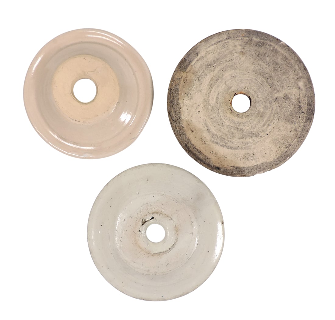 Stoneware Churn Lids (3), unmarked, Albany Slip, 8 in. Dia, small chips on knob handle/outside r... - 2