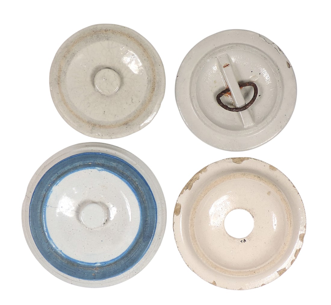 Stoneware Crock Lids (4), unmarked, one w/blue trim, 6.25 in. Dia, chip on rim w/crack going thro... (1 of 2)