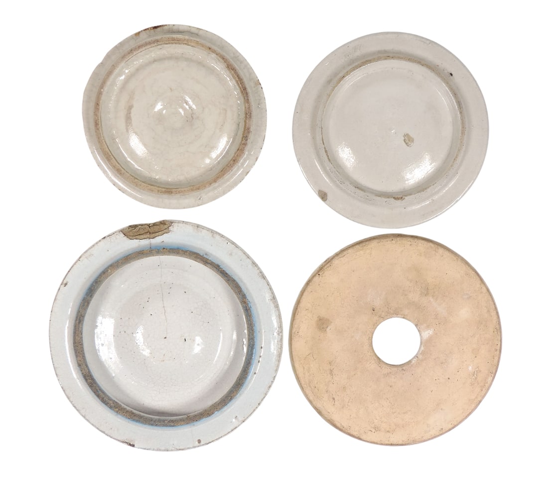 Stoneware Crock Lids (4), unmarked, one w/blue trim, 6.25 in. Dia, chip on rim w/crack going thro... - 2