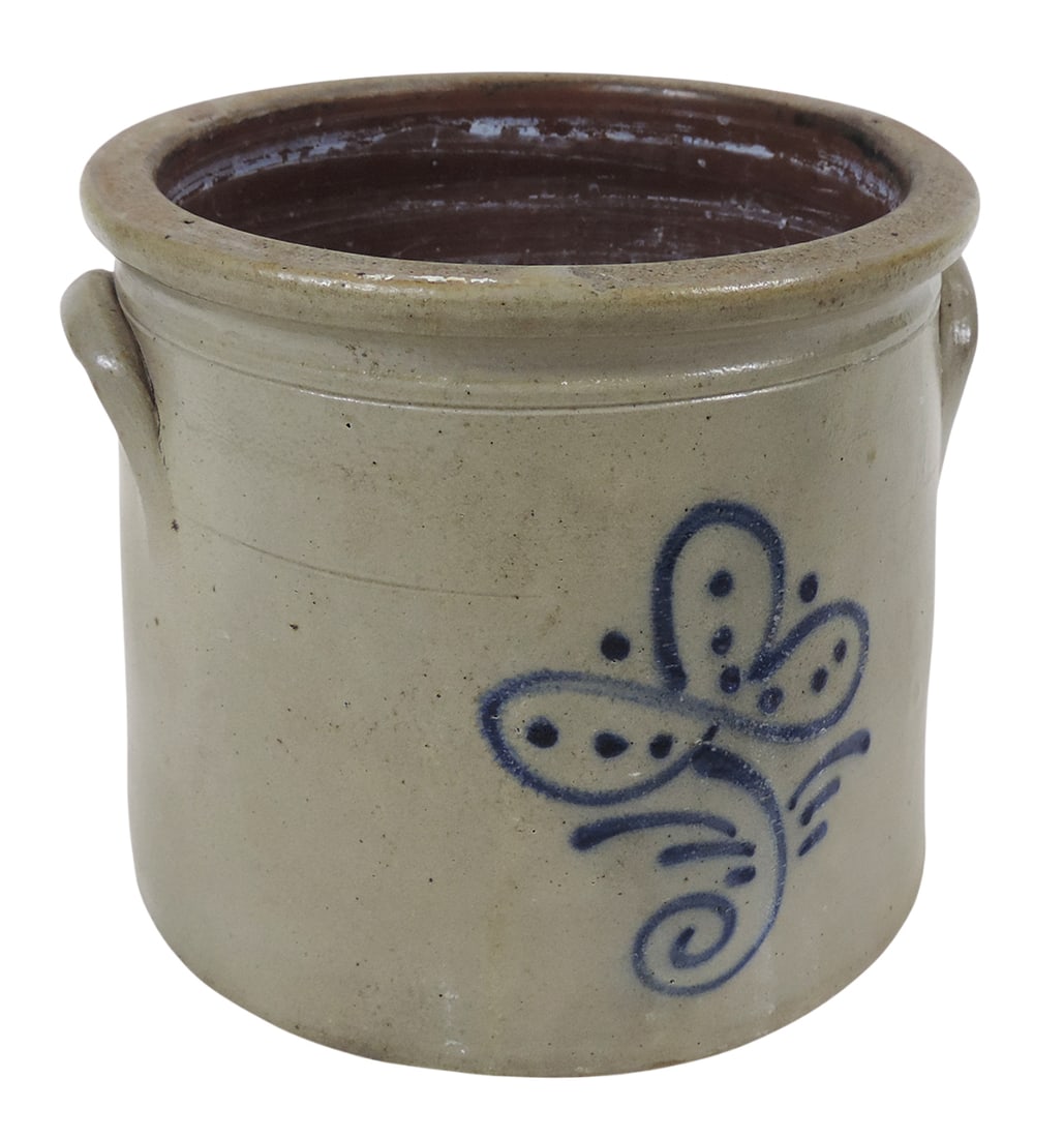 Eastern Stoneware 1 Gallon Salt-Glaze Crock, hand painted w/cobalt blue floral design, applied lu... (1 of 4)