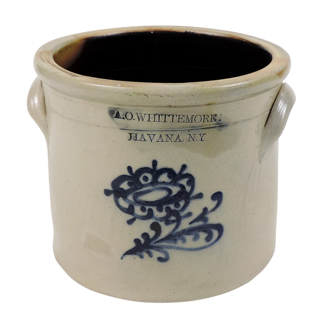 Eastern Stoneware A. O. Whittemore Havana, N.Y. 1 Gallon Crock w/tooled shoulder & hand-painted c...: Eastern Stoneware A. O. Whittemore Havana, N.Y. 1 Gallon Crock w/tooled shoulder & hand-painted cobalt blue stylized flower, Albany slip interior & applied lug handles, c. mid to late 1800s, slight