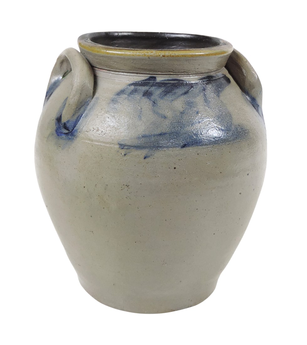 Stoneware Ovoid Jar, unmarked, salt-glazed w/hand-painted cobalt blue brushed design (may be bru... (1 of 4)