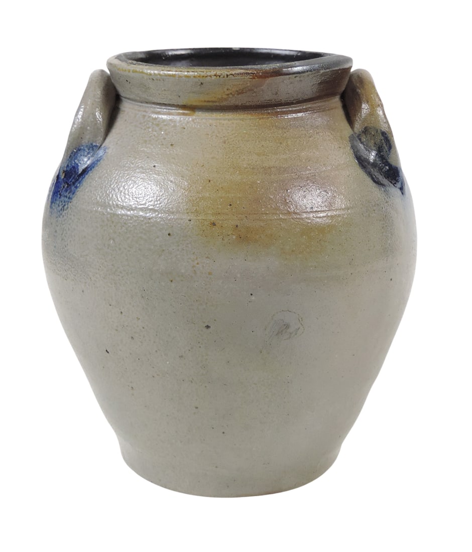 Stoneware Ovoid Jar, unmarked, salt-glazed w/hand-painted cobalt blue brushed design (may be bru... - 2