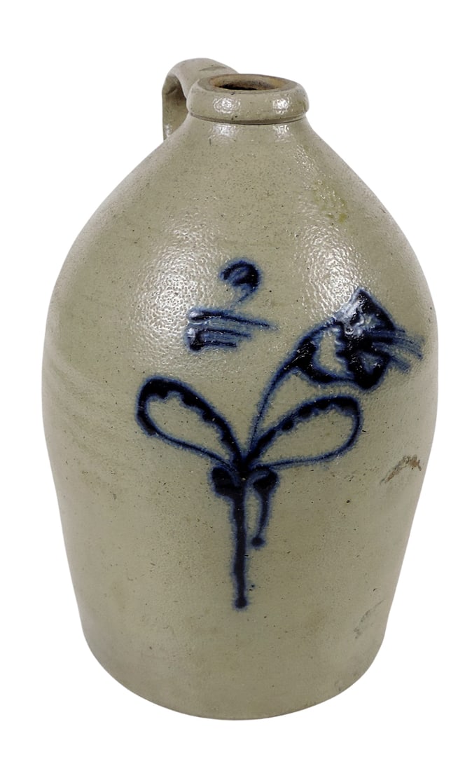 Stoneware Salt Glaze 2 Gallon Jug, unmarked w/hand-painted cobalt blue stylized floral design, ap...: Stoneware Salt Glaze 2 Gallon Jug, unmarked w/hand-painted cobalt blue stylized floral design, applied loop handle, c. mid to late 1800s, some factory glaze loss to the right of the floral design,