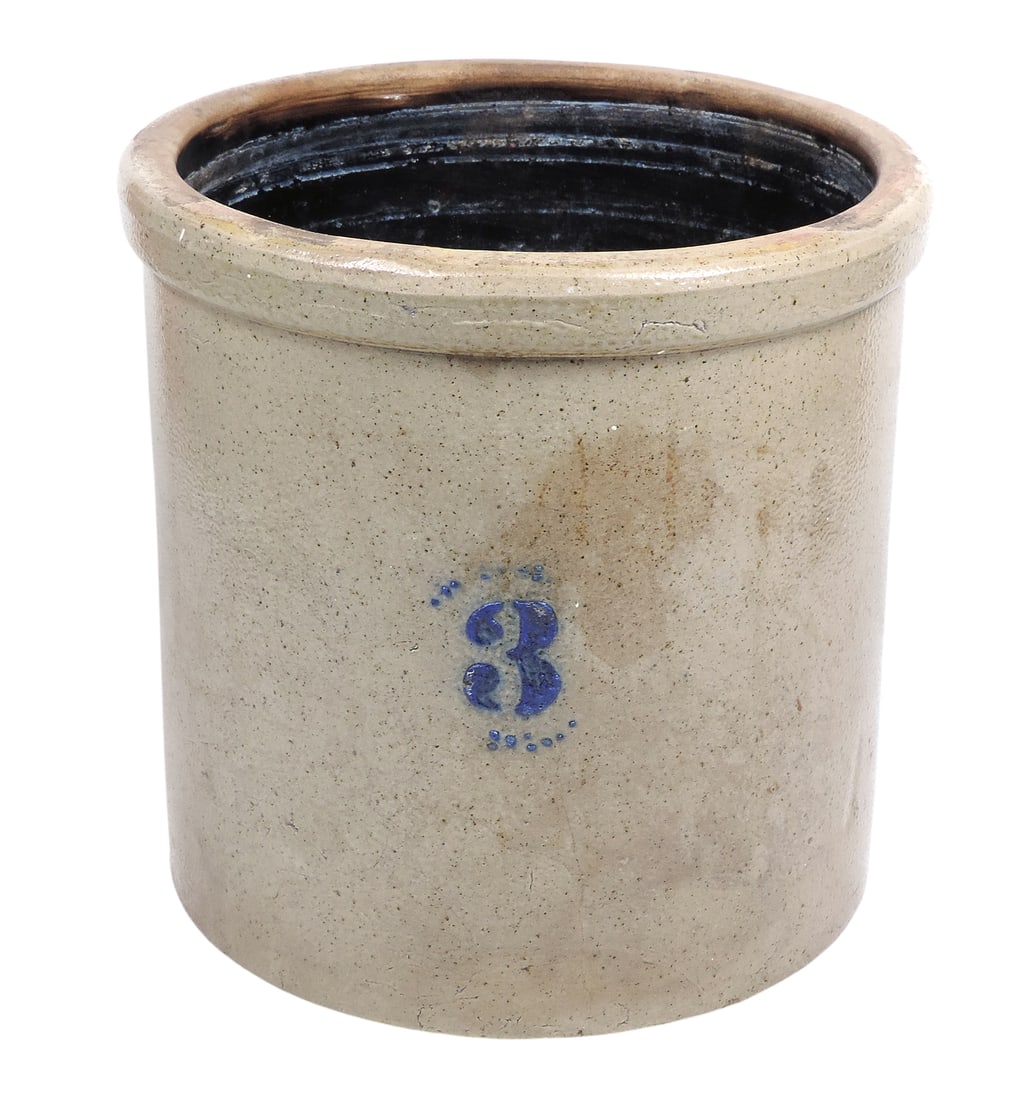 Stoneware 3 Gallon Crock, salt glaze w/Albany slip interior, 3 in cobalt blue is raised on surface, (1 of 4)