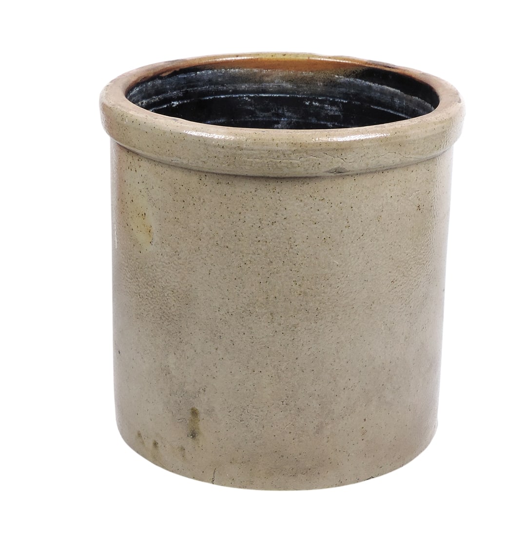 Stoneware 3 Gallon Crock, salt glaze w/Albany slip interior, 3 in cobalt blue is raised on surface, - 2