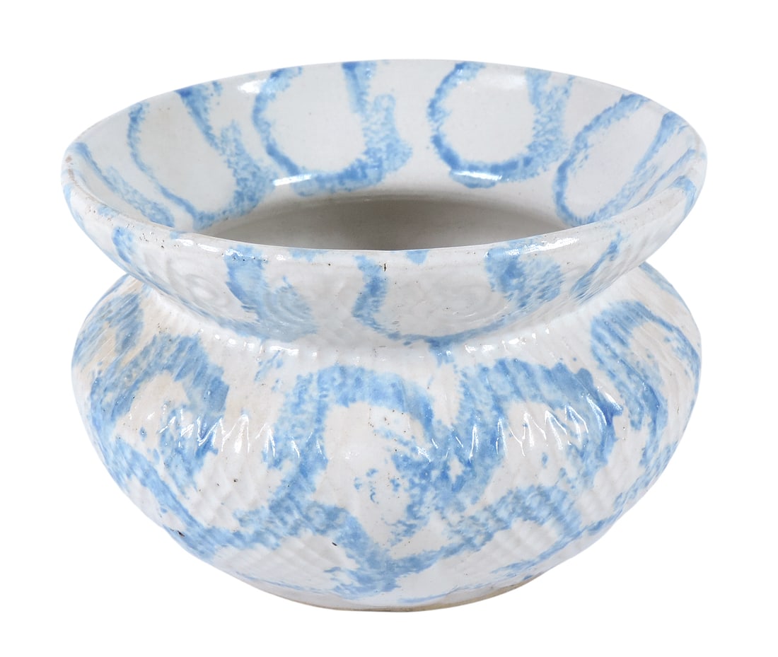 Stoneware Spittoon, blue/white spongeware w/a fancy embossed surface, c. early 1900s, Exc cond, D...: Stoneware Spittoon, blue/white spongeware w/a fancy embossed surface, c. early 1900s, Exc cond, D 7.25 in. 