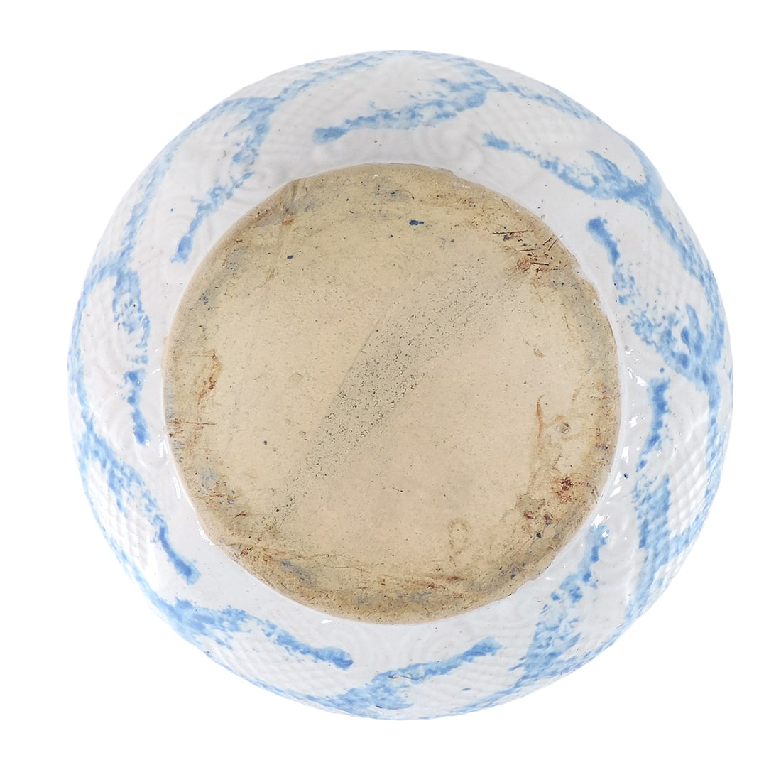 Stoneware Spittoon, blue/white spongeware w/a fancy embossed surface, c. early 1900s, Exc cond, D... - 2