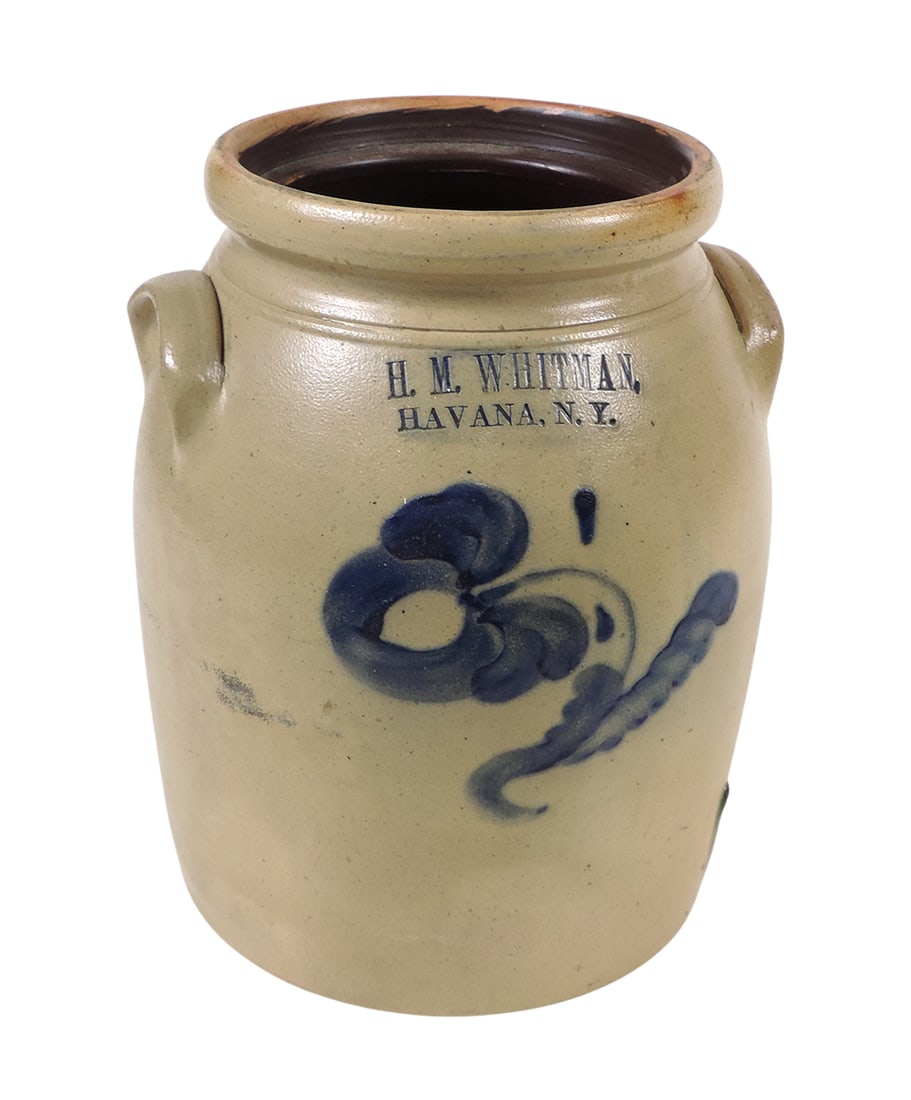 Eastern Stoneware 1 Gallon Crock, stamped H. M. Whitman, Havana, N.Y., salt glaze w/hand-painted ...: Eastern Stoneware 1 Gallon Crock, stamped H. M. Whitman, Havana, N.Y., salt glaze w/hand-painted cobalt blue flower, Albany slip interior & turkey dropping near bottom, Exc cond, H 9.5 in. 