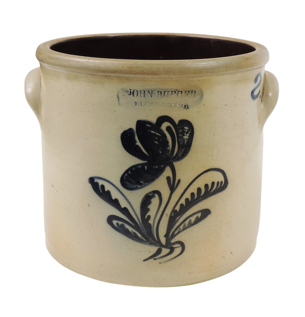Eastern Stoneware 2 Gallon Crock, stamped John Burger Rochester (NY), salt glaze w/a hand-painted... (1 of 4)