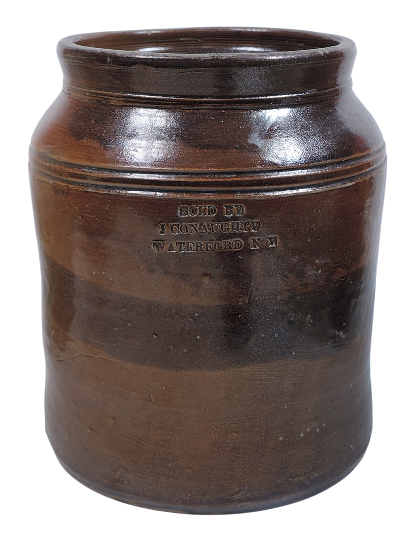 Eastern Stoneware Storage Jar, stamped Sold By J. Conaughty, Waterford, NY, unique multicolored b... (1 of 3)