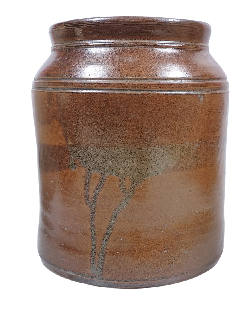 Eastern Stoneware Storage Jar, stamped Sold By J. Conaughty, Waterford, NY, unique multicolored b... - 2