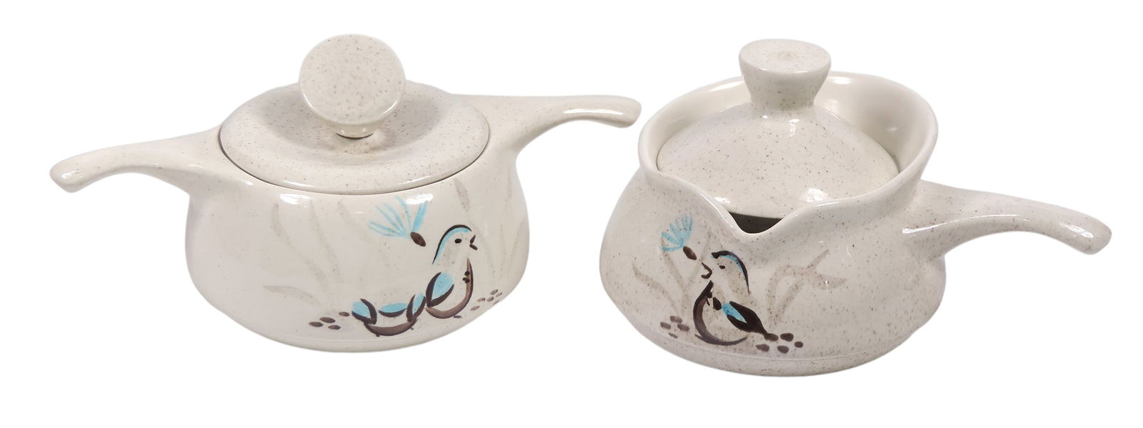 Red Wing Bob White Gravy Boat & Casserole Dish w/Lids (2), hand-painted porcelain w/glossy finish...: Red Wing Bob White Gravy Boat & Casserole Dish w/Lids (2), hand-painted porcelain w/glossy finish, gravy bowl has very small flake where lid sits, c. mid 1900s, Exc cond, up to H 5.5 x W 11 in.