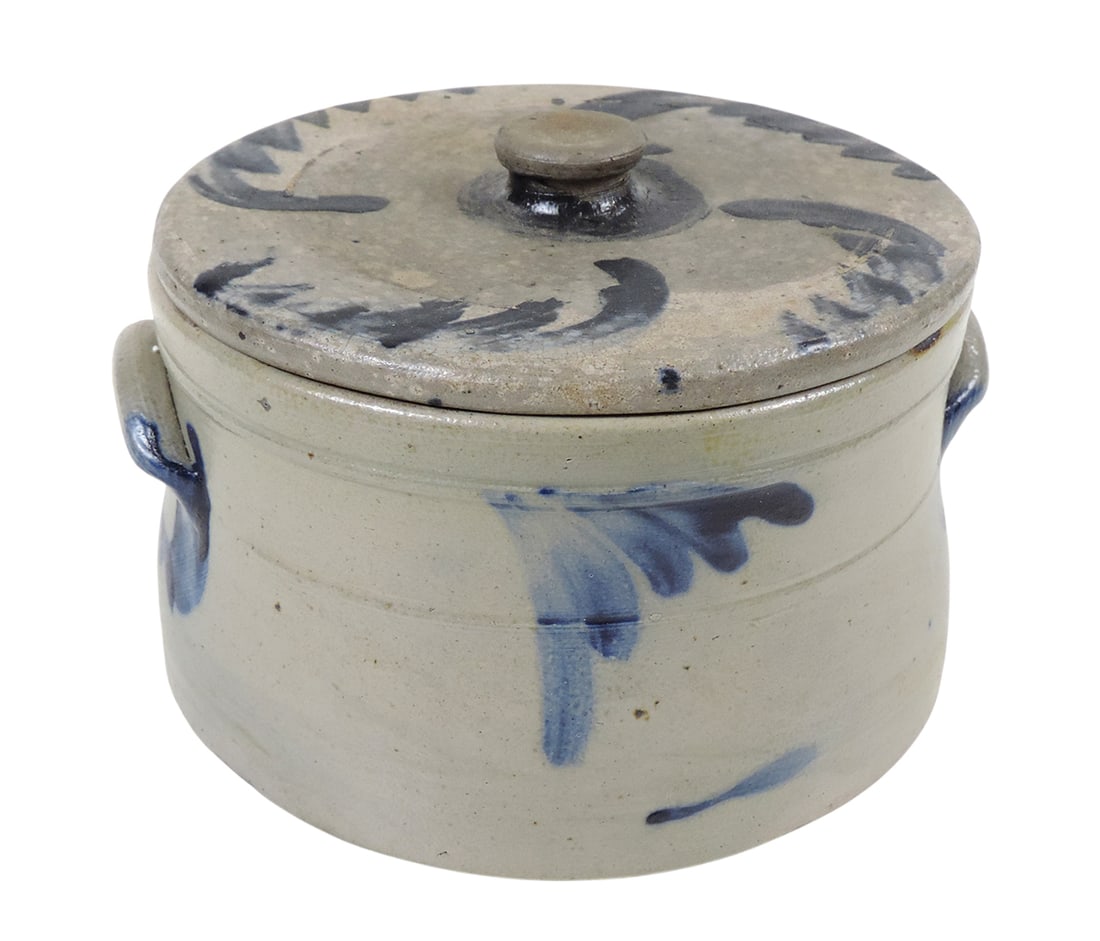 Eastern Stoneware 1 Gallon Crock w/ Lid, unmarked, cobalt blue hand-painted design, applied lug h...: Eastern Stoneware 1 Gallon Crock w/ Lid, unmarked, cobalt blue hand-painted design, applied lug handles & lighter brown interior, lid may be mismatched, small chip on interior rim of crock, lid has 2