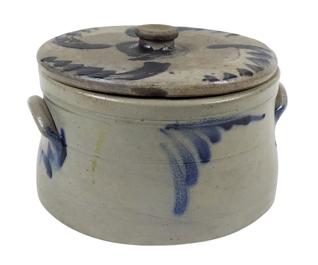 Eastern Stoneware 1 Gallon Crock w/ Lid, unmarked, cobalt blue hand-painted design, applied lug h... - 2