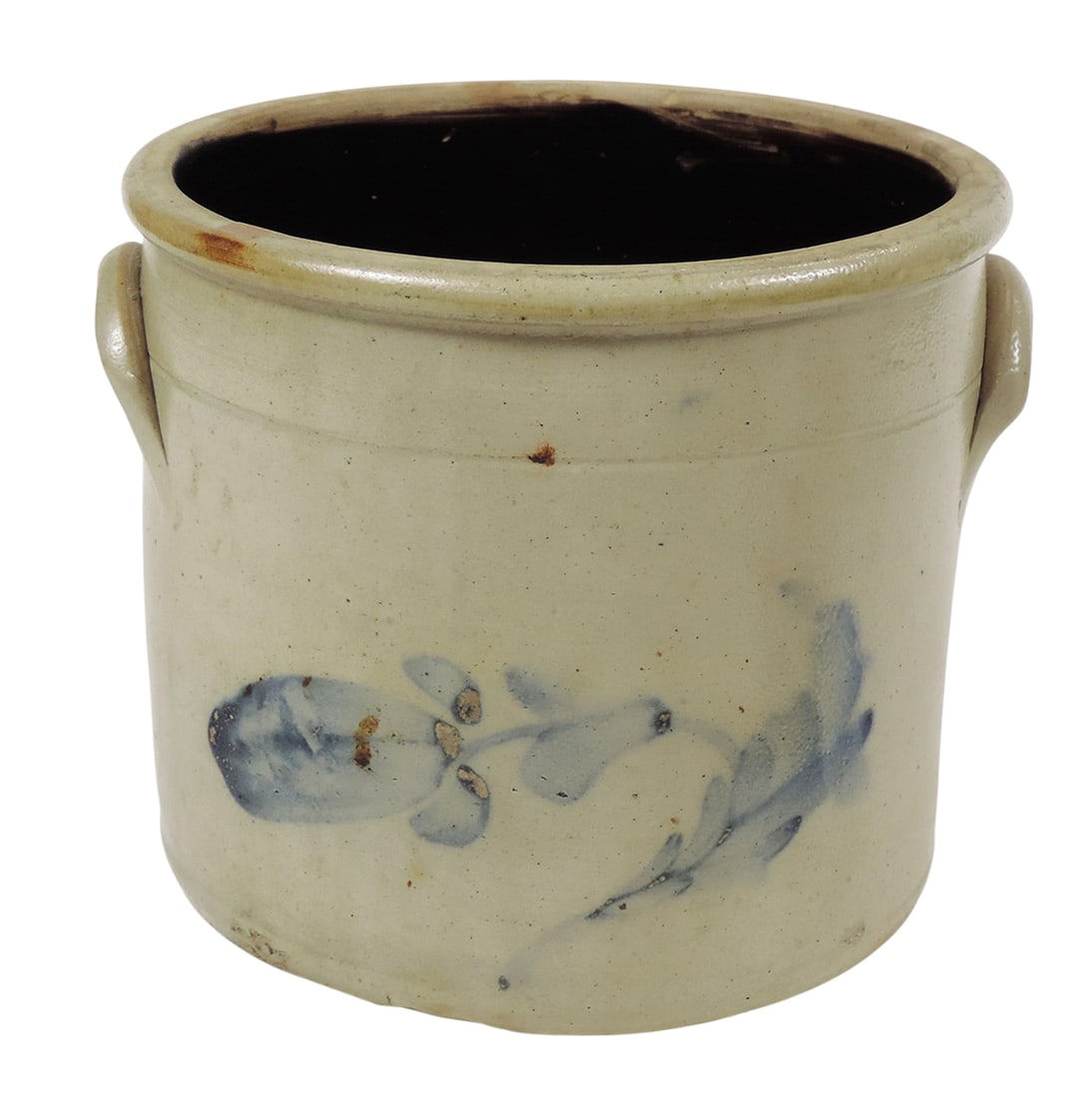 Eastern Stoneware 1 Gallon Crock, unmarked, hand-painted w/cobalt blue floral design, applied lug... (1 of 4)