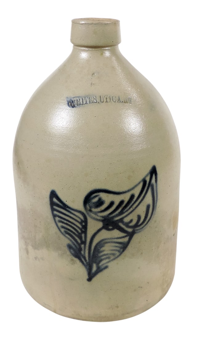 Eastern Stoneware Whites, Utica, NY 2 gallon jug w/hand-painted cobalt blue stylized floral desi... (1 of 3)