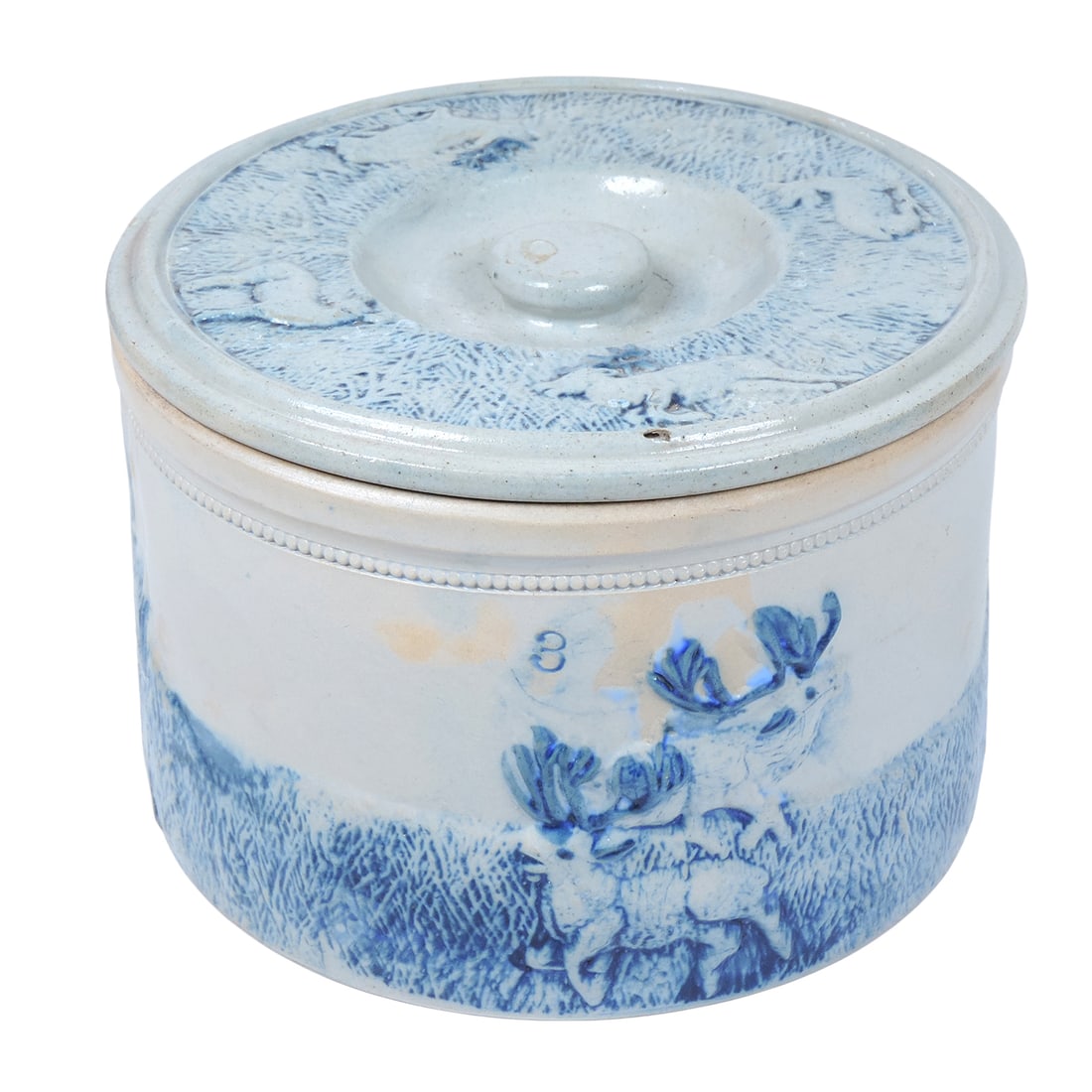 White's of Utica Butter Crock, cobalt blue high-relief stag hunt scene, embossed 3, hairline cr... (1 of 7)
