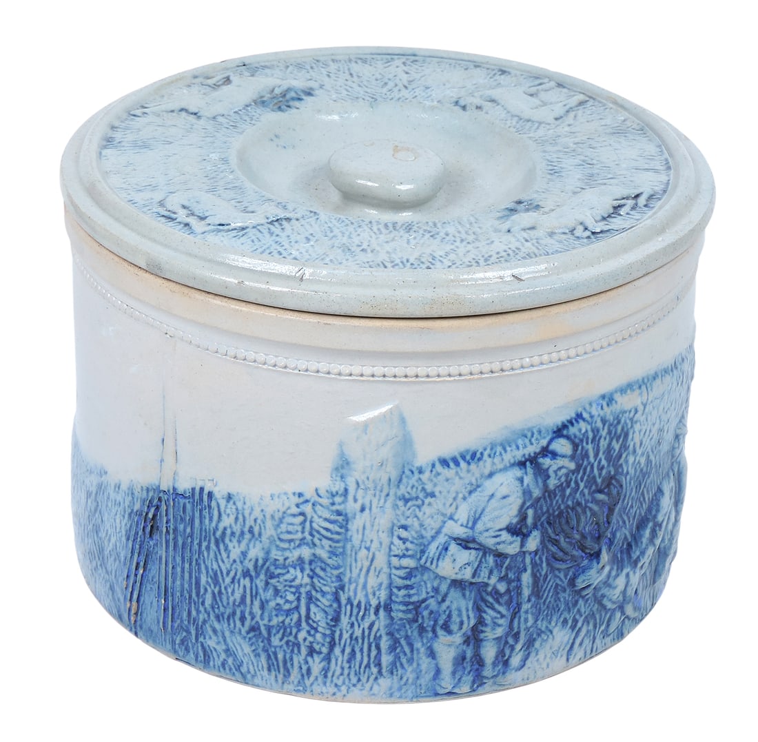 White's of Utica Butter Crock, cobalt blue high-relief stag hunt scene, embossed 3, hairline cr... - 2