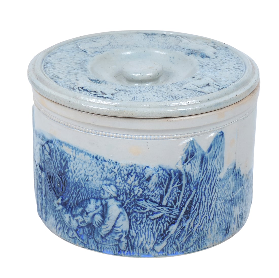 White's of Utica Butter Crock, cobalt blue high-relief stag hunt scene, embossed 3, hairline cr... - 3