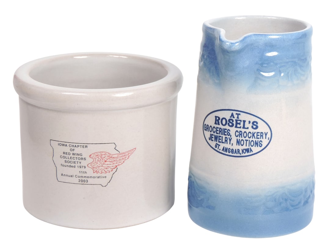 Red Wing Collectors Society Commemoratives (2), Pitcher stamped Iowa Chapter of Red Wing Collectors: Red Wing Collectors Society Commemoratives (2), Pitcher stamped Iowa Chapter of Red Wing Collectors Society founded 1979 6th Annual Commemorative 1998 & Red Wing Stoneware Co., Red Wing, MN on bottom