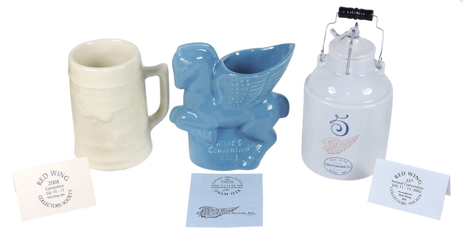 Red Wing Collectors Society Commemoratives (3), 2008 1933 Century of Progress "transportation"...: Red Wing Collectors Society Commemoratives (3), 2008 1933 Century of Progress "transportation" Mug, 2002 5-gallon Ball Lock Self-sealing Packing Jar & 2003 Pegasus Planter, all w/orig tags & storage