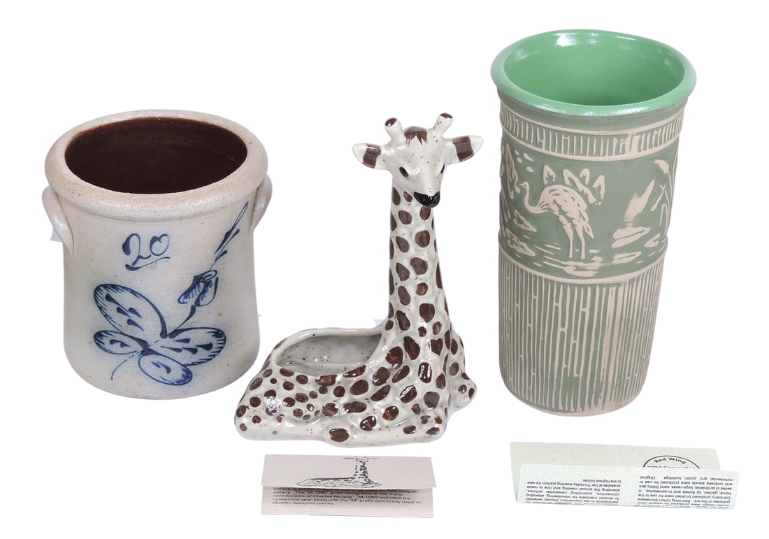 Red Wing Collectors Society Commemoratives (3), Crock, embossed Red Wing 20th Anniversary Collect...: Red Wing Collectors Society Commemoratives (3), Crock, embossed Red Wing 20th Anniversary Collecting The Legacy 1977-1979 Collectors Society, cobalt blue/butterfly design w/20, Red Wing Collectors