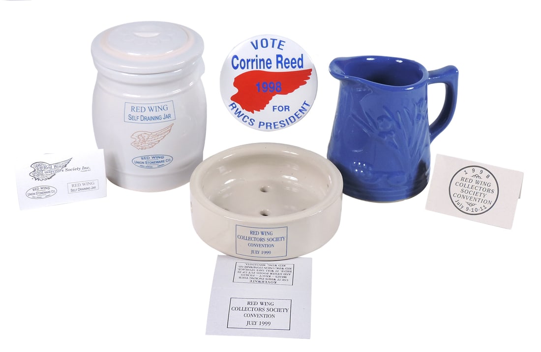 Red Wing Collectors Society Commemoratives (4), 2005 Self Draining Jar w/lid, 1998 "Iris" Pit...: Red Wing Collectors Society Commemoratives (4), 2005 Self Draining Jar w/lid, 1998 "Iris" Pitcher w/blue glaze, 1999 5-gallon Koverwate & 1998 Button Pin, Vote Corrine Reed for RWCS President,