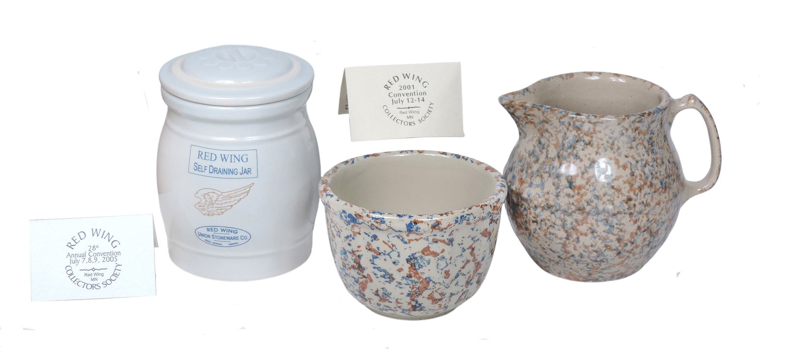 Red Wing Collectors Society Commemoratives (2) & Iowa Chapter of The Red Wing Collectors Society ...: Red Wing Collectors Society Commemoratives (2) & Iowa Chapter of The Red Wing Collectors Society (1), 2001-4 inch paneled mixing bowl, 2005 Self Draining Jar w/lid & 2002 10th Anniversary,