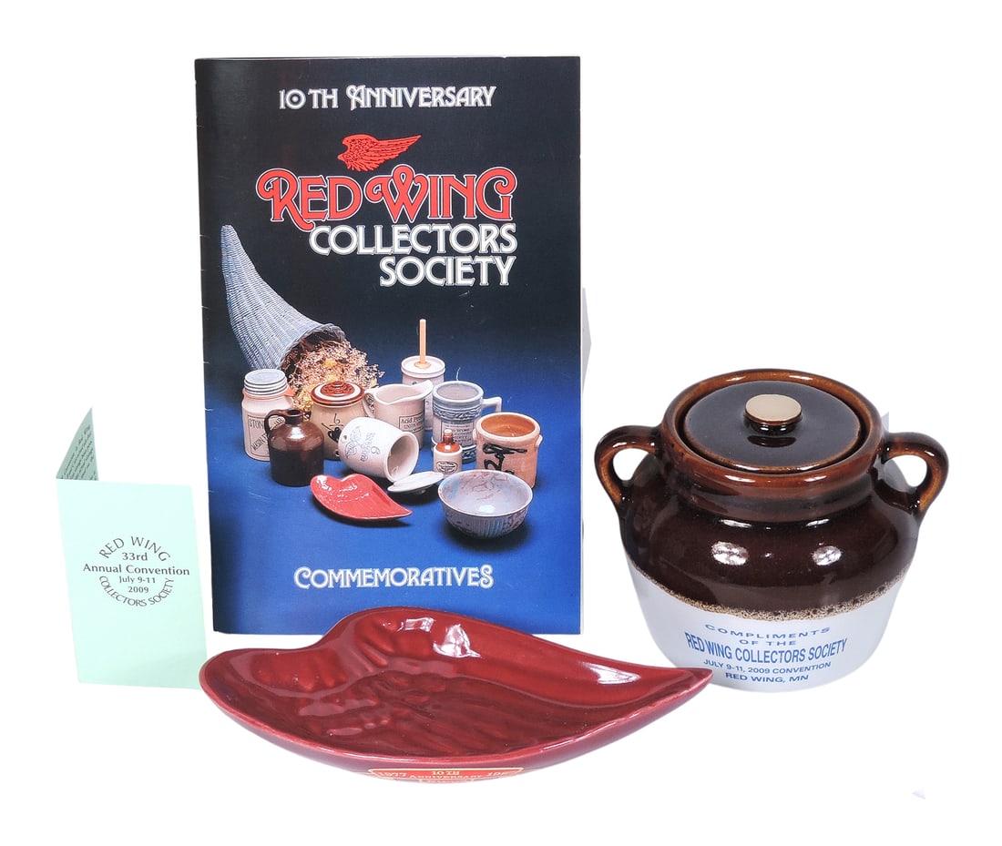 Red Wing Collectors Society Commemoratives (2), 2009 Bean Pot w/lid, Compliments of The Red Wing ...: Red Wing Collectors Society Commemoratives (2), 2009 Bean Pot w/lid, Compliments of The Red Wing Collectors Society, July 9-11, 2009 Convention, Red Wing, MN. & 1987 Anniversary Wing, 10th