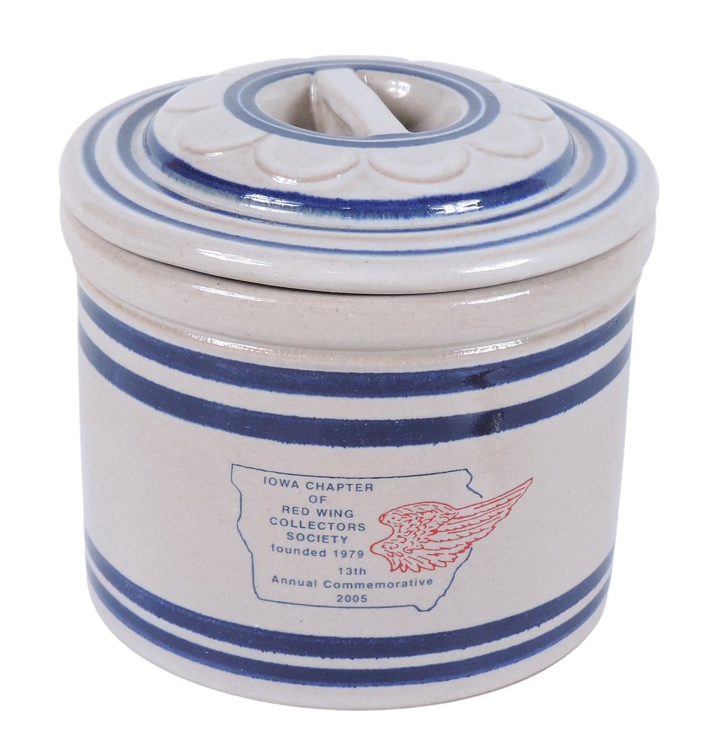 Iowa Chapter of The Red Wing Collectors Society Pantry Jar w/lid, 13th Annual Commemorative 2005,...: Iowa Chapter of The Red Wing Collectors Society Pantry Jar w/lid, 13th Annual Commemorative 2005, Compliments of W.A. Hoops, Galva, Iowa, Andersen Stoneware Co., Grundy Center, Iowa, Mint cond, D 4.5