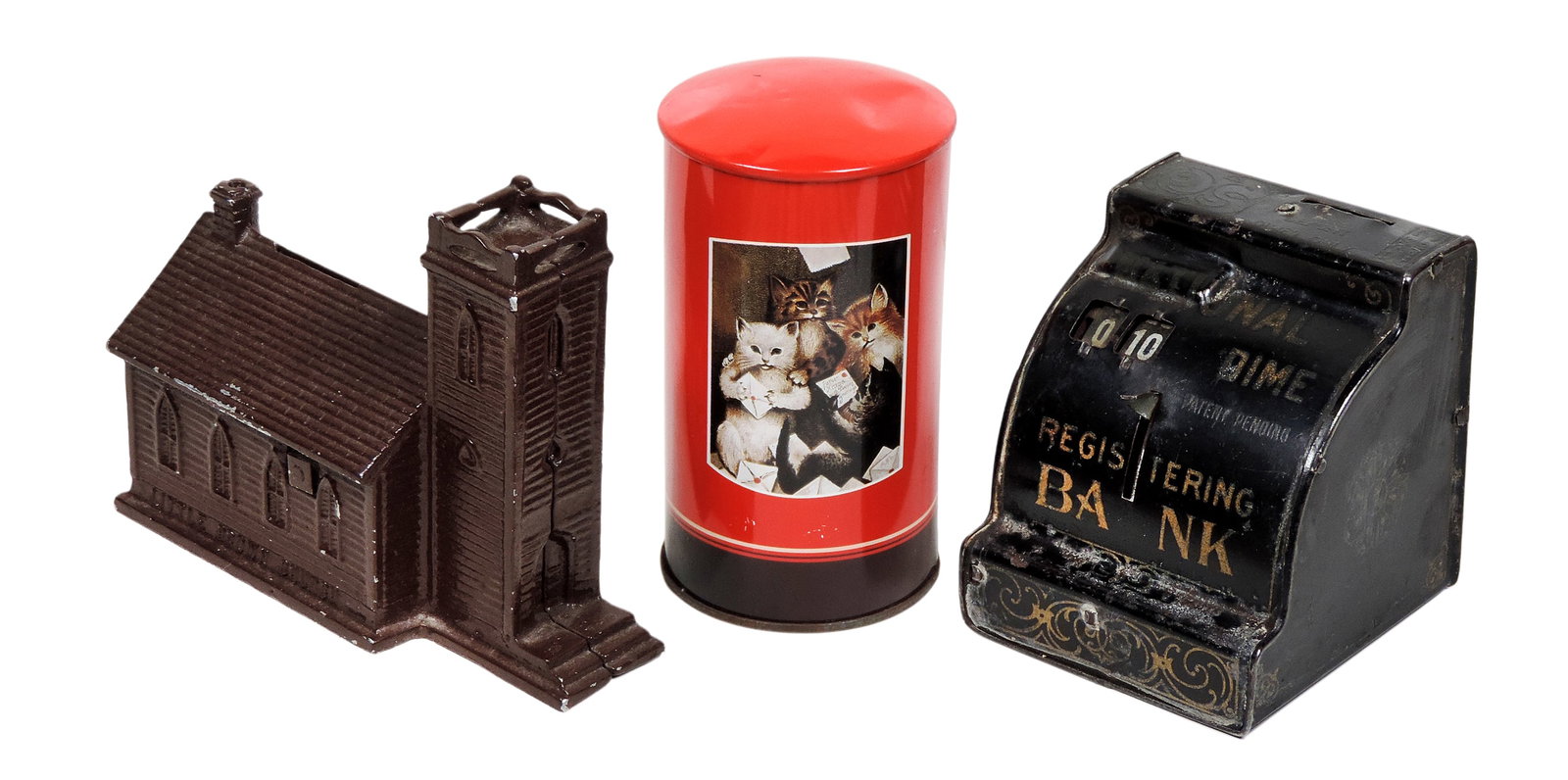 Banks (3), Elite England Kitten litho on tin/metal Post Office Coin Bank, red cylindrical design ...: Banks (3), Elite England Kitten litho on tin/metal Post Office Coin Bank, red cylindrical design (small dent on top), National Dime Registering Bank ,metal gold-tone design, non-working mechanisms &