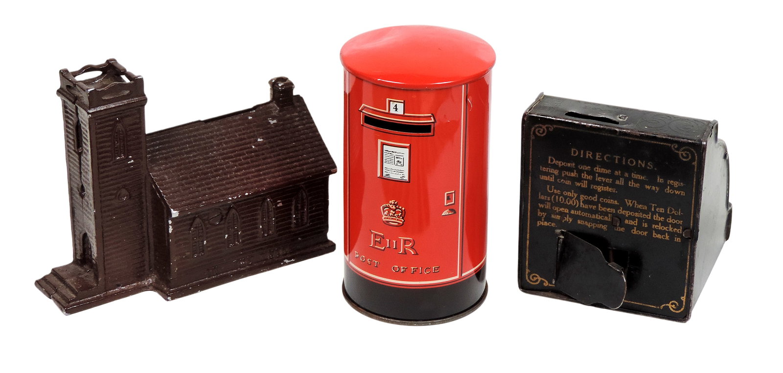 Banks (3), Elite England Kitten litho on tin/metal Post Office Coin Bank, red cylindrical design ... - 2