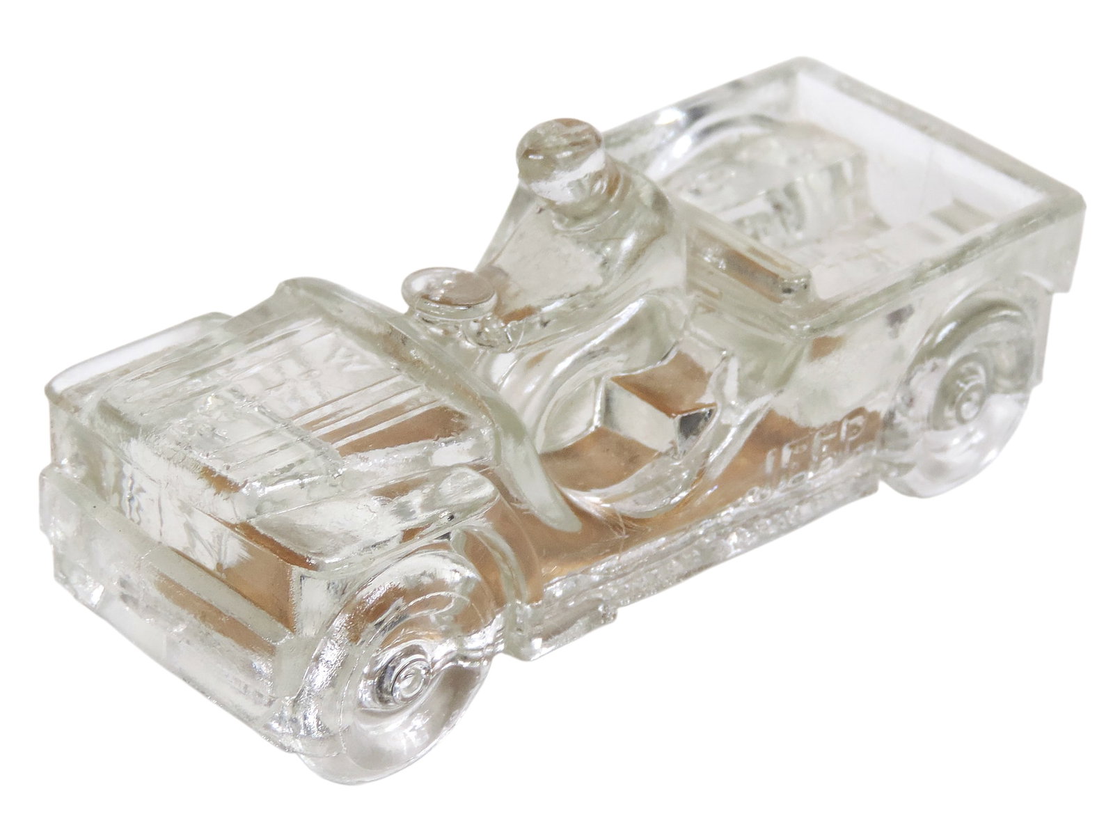 Jeanette Glass Candy Container, orig label, The Jeep Willyâ€™s Overland Famous Scou (1 of 3)