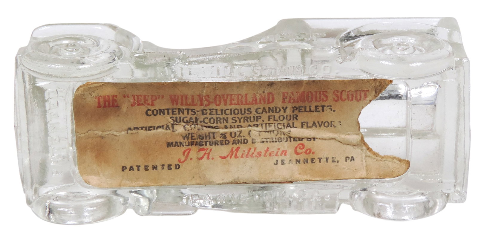 Jeanette Glass Candy Container, orig label, The Jeep Willyâ€™s Overland Famous Scou - 3