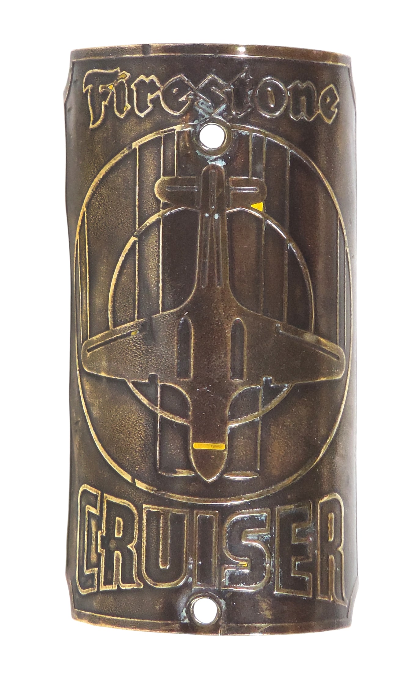 Bicycle Head Badge, Firestone Cruiser, brass w/raised airplane design, c. mid 1900s, o/all Exc co...: Bicycle Head Badge, Firestone Cruiser, brass w/raised airplane design, c. mid 1900s, o/all Exc cond, L 2.75 in.