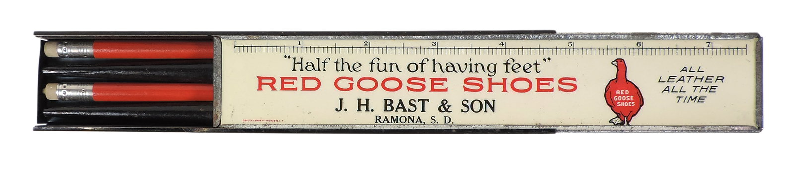 Red Goose Shoes Metal Ruler Box w/pencils & calligraphy pens, advertising J.H. Bast & Son, Ramona...: Red Goose Shoes Metal Ruler Box w/pencils & calligraphy pens, advertising J.H. Bast & Son, Ramona, S.D.-USA, celluloid covered lid, tin box, c. mid 1900s, Exc cond w/slight corrosion on tin, L 8 in.